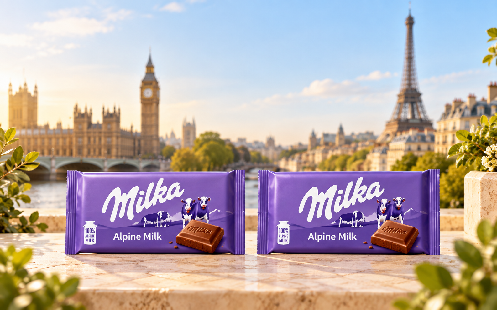 Illustrative scene with two complete Milka chocolate bars between London and Paris