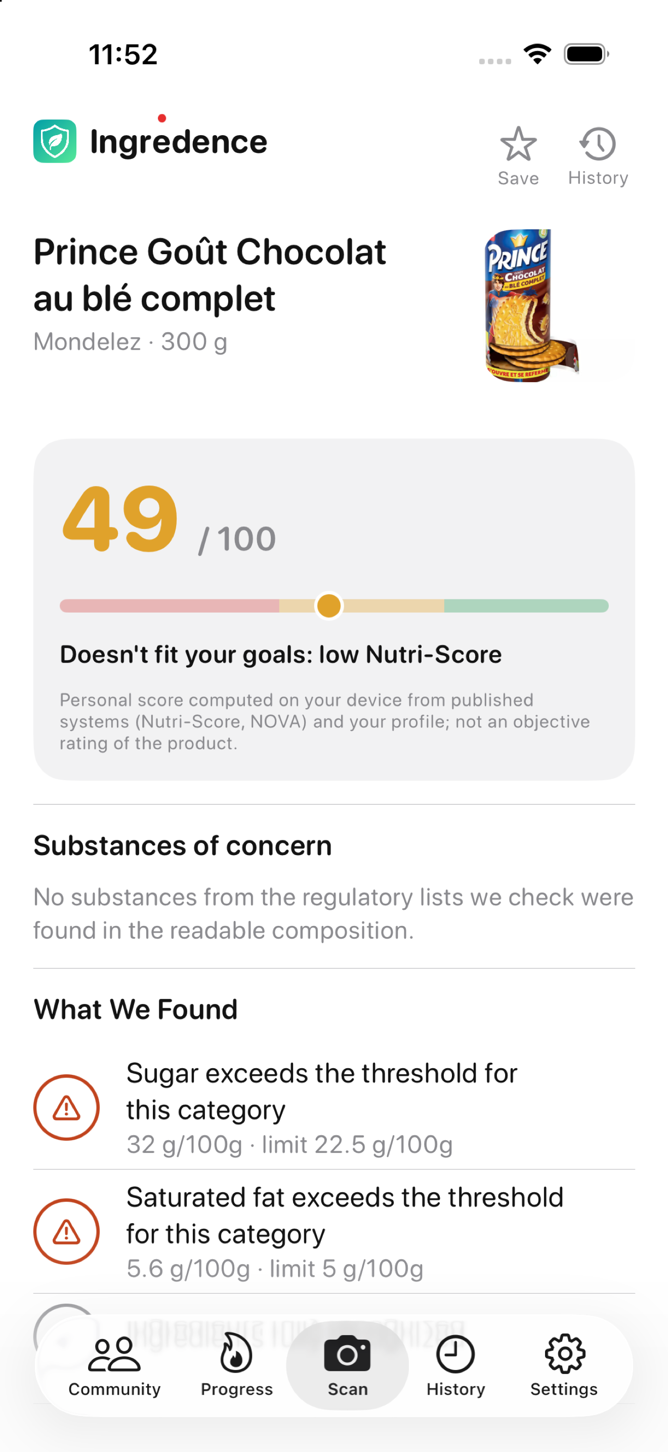 Actual Ingredence result screen for Prince chocolate biscuits, showing its product photograph, personal score and findings.