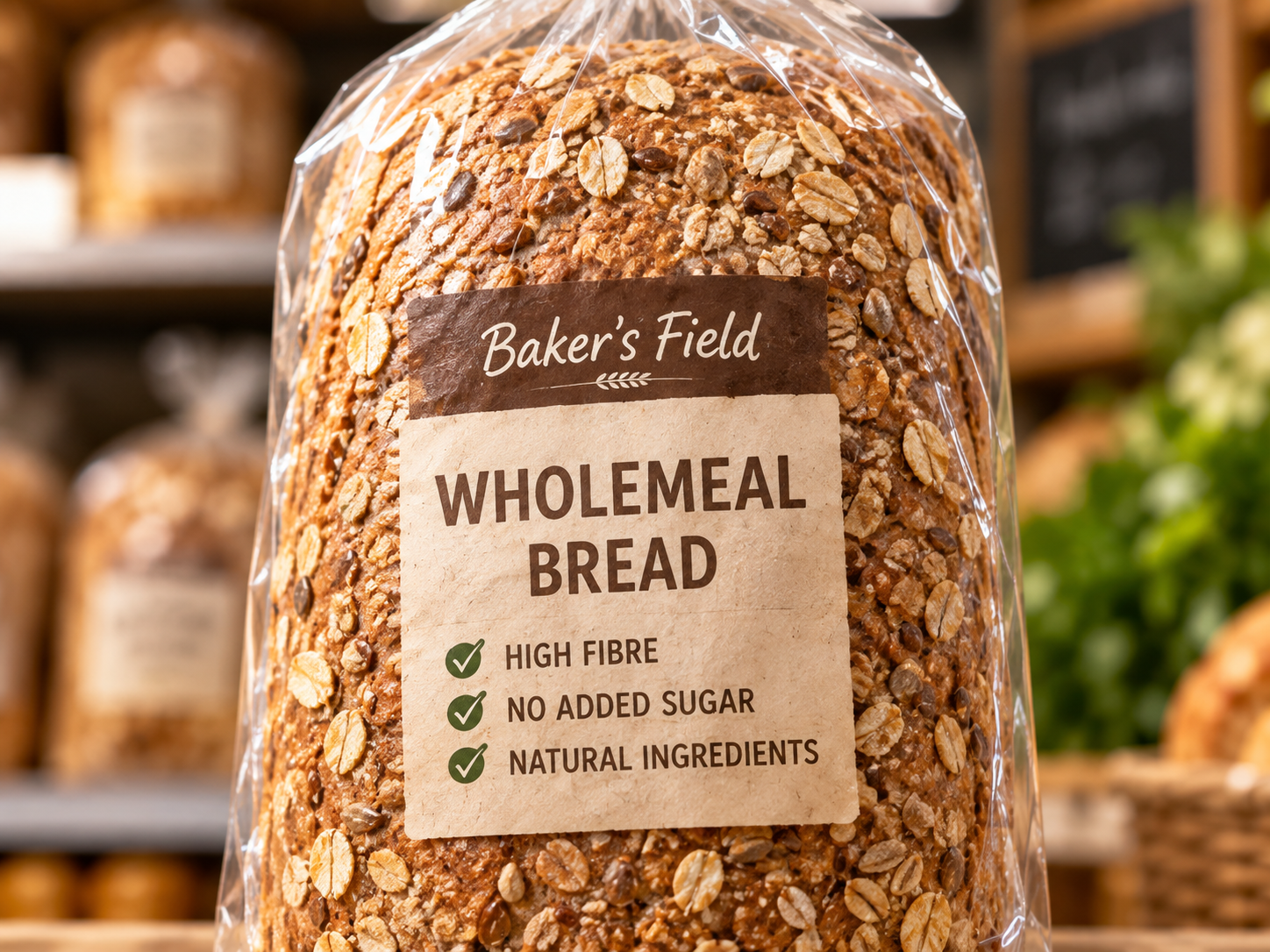 Illustrative wrapped wholemeal bread with the label visible