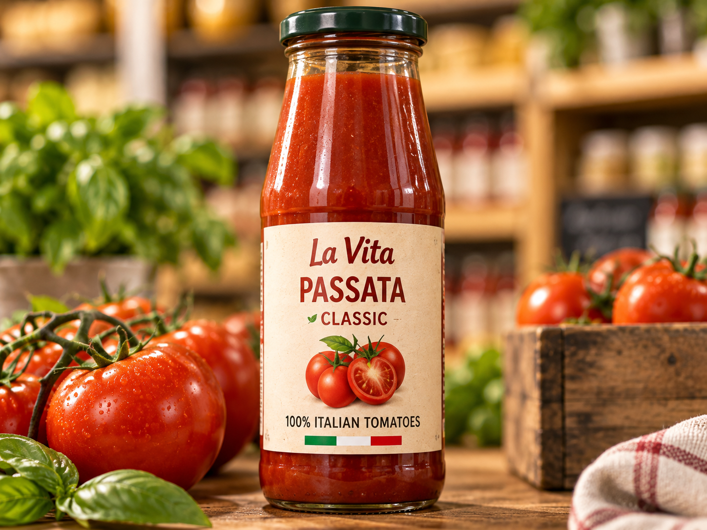 Illustrative La Vita Passata tomato sauce packaging beside fresh tomatoes